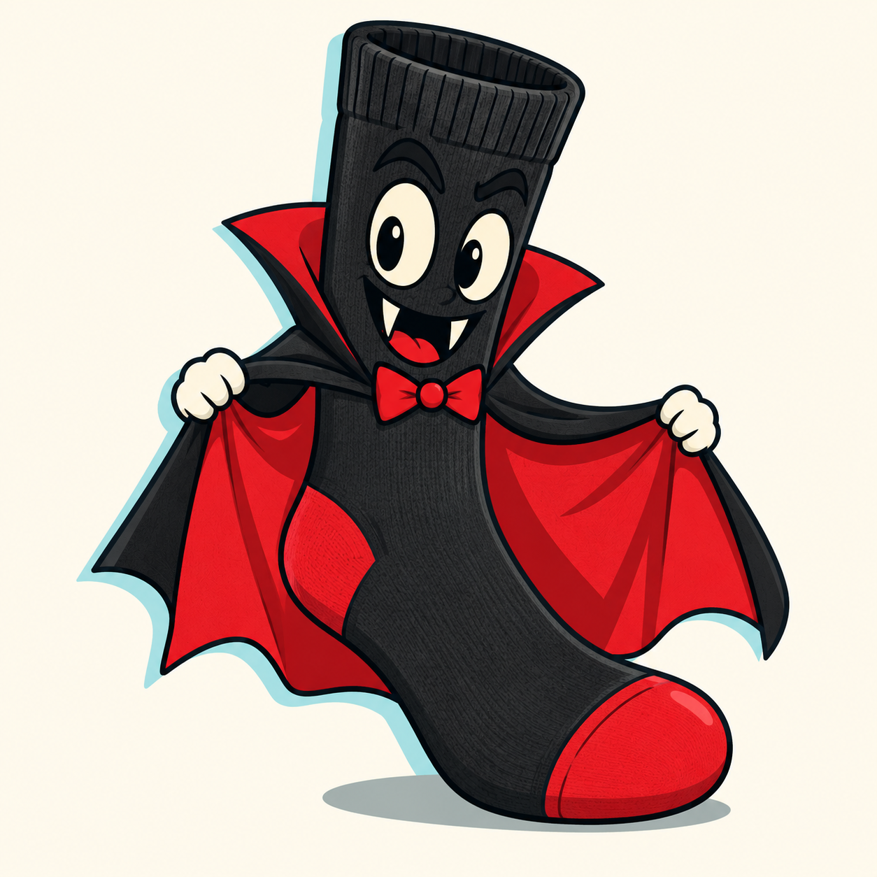 Count Sockula, an original black cartoon sock with a red toe and heel, cream fangs, red bow tie, and a black cape with red lining on a cream background.