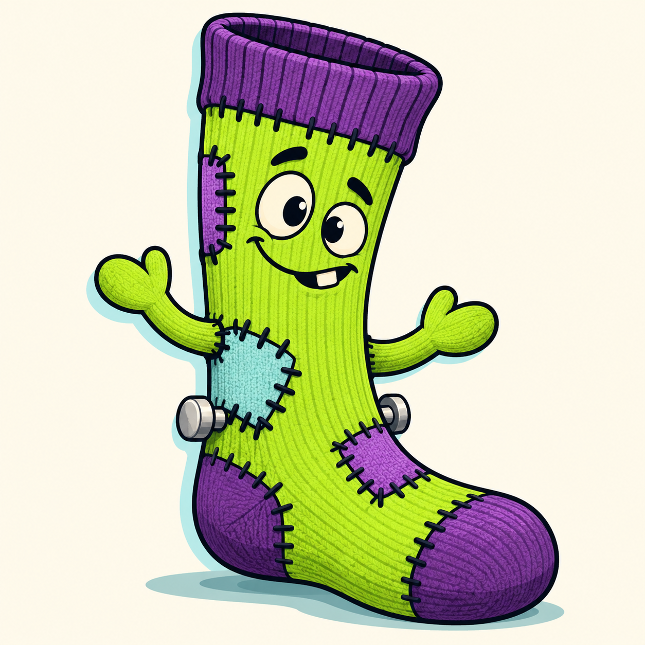 Frank N. Stitch, an original lime-green cartoon sock with a purple cuff, toe, and heel, mismatched stitched patches, a friendly smile, and two silver ankle bolts on a cream background.